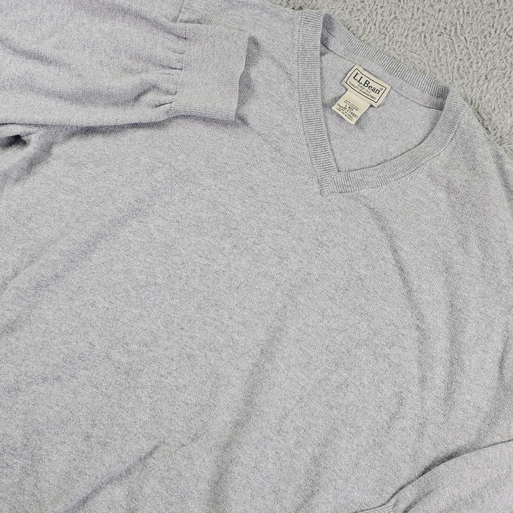 L.L.Bean Sweater Mens Large Gray Cotton Cashmere V Neck Knit Pullover Soft